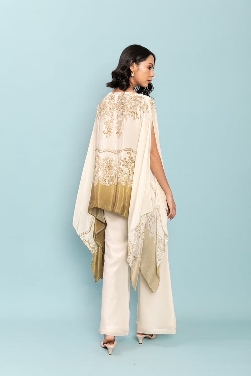 Ivory and Olive Printed Cape Kaftan Top