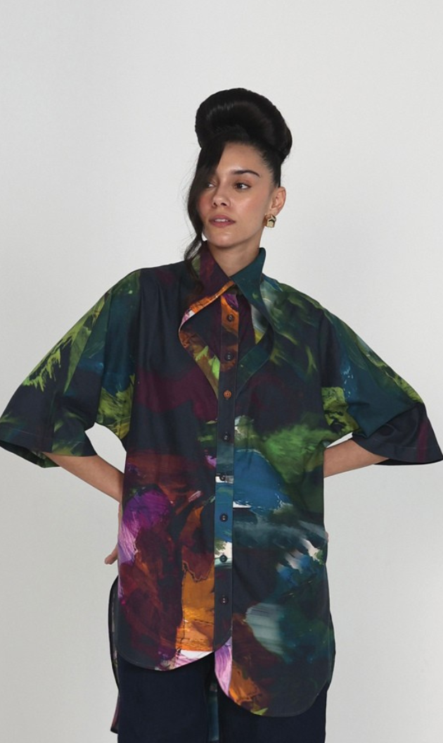 Multicolor Abstract Print Oversized Cotton Satin Shirt