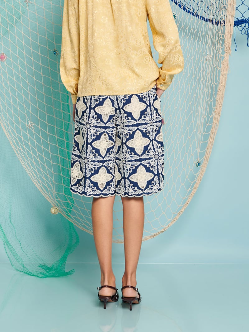 Navy High-Rise Embroidered Knee-Length Shorts