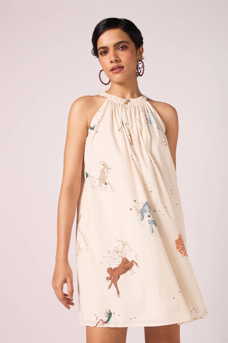 Beige Zodiac Print Halter Mini Dress with Bow-Tie Back