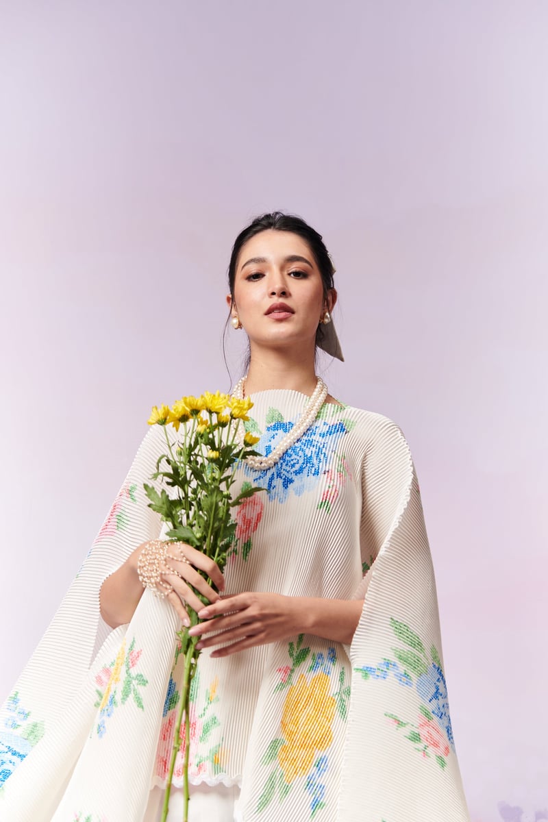 Ivory Pleated Satin Cape with Floral Motifs