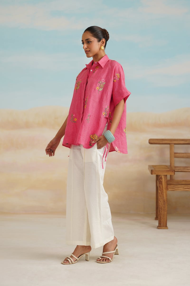 Brick Linen Embroidered Shirt and Cream Pants Co-ord Set