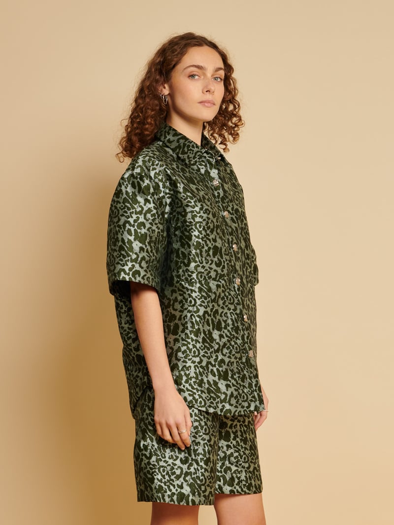 Green Animal Print Boxy Button-Down Shirt