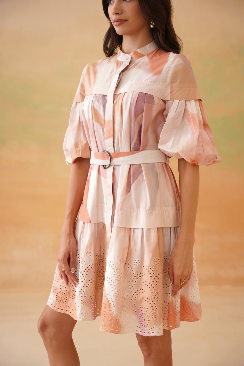 Peach Pastel Printed Tiered Mini Shirt Dress with Belt