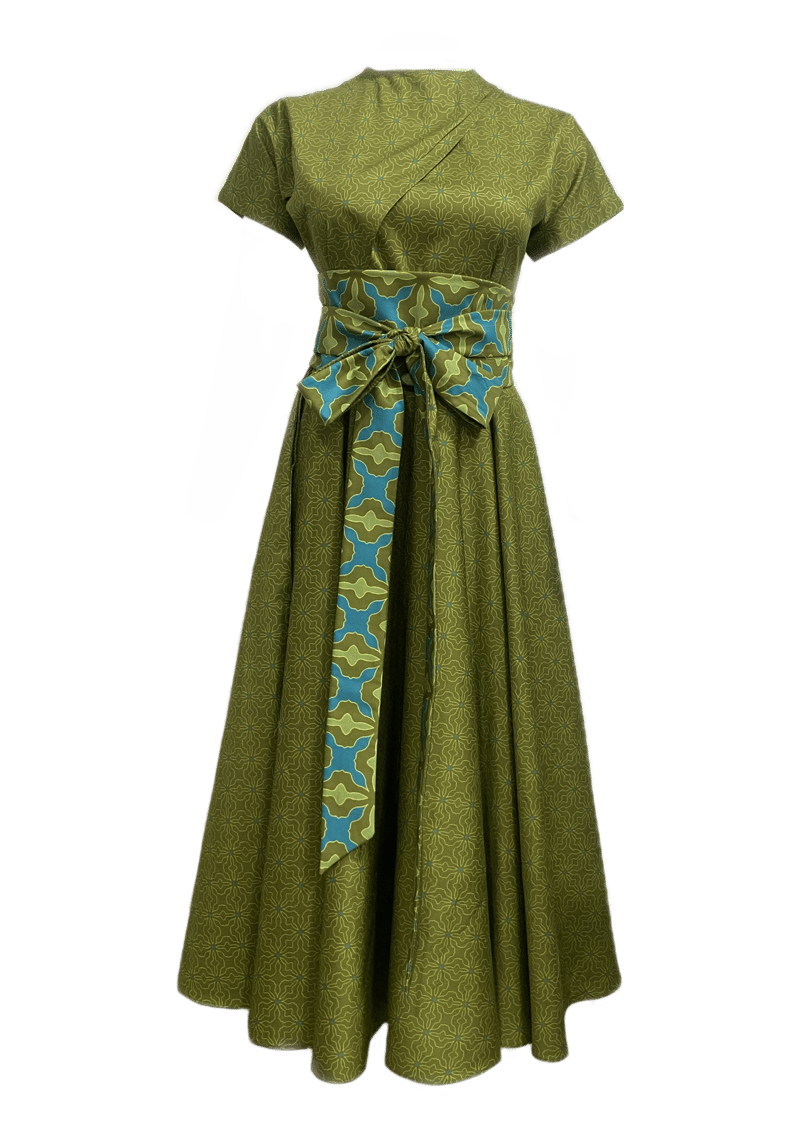 Olive Green Printed Midi Dress with Obi Belt