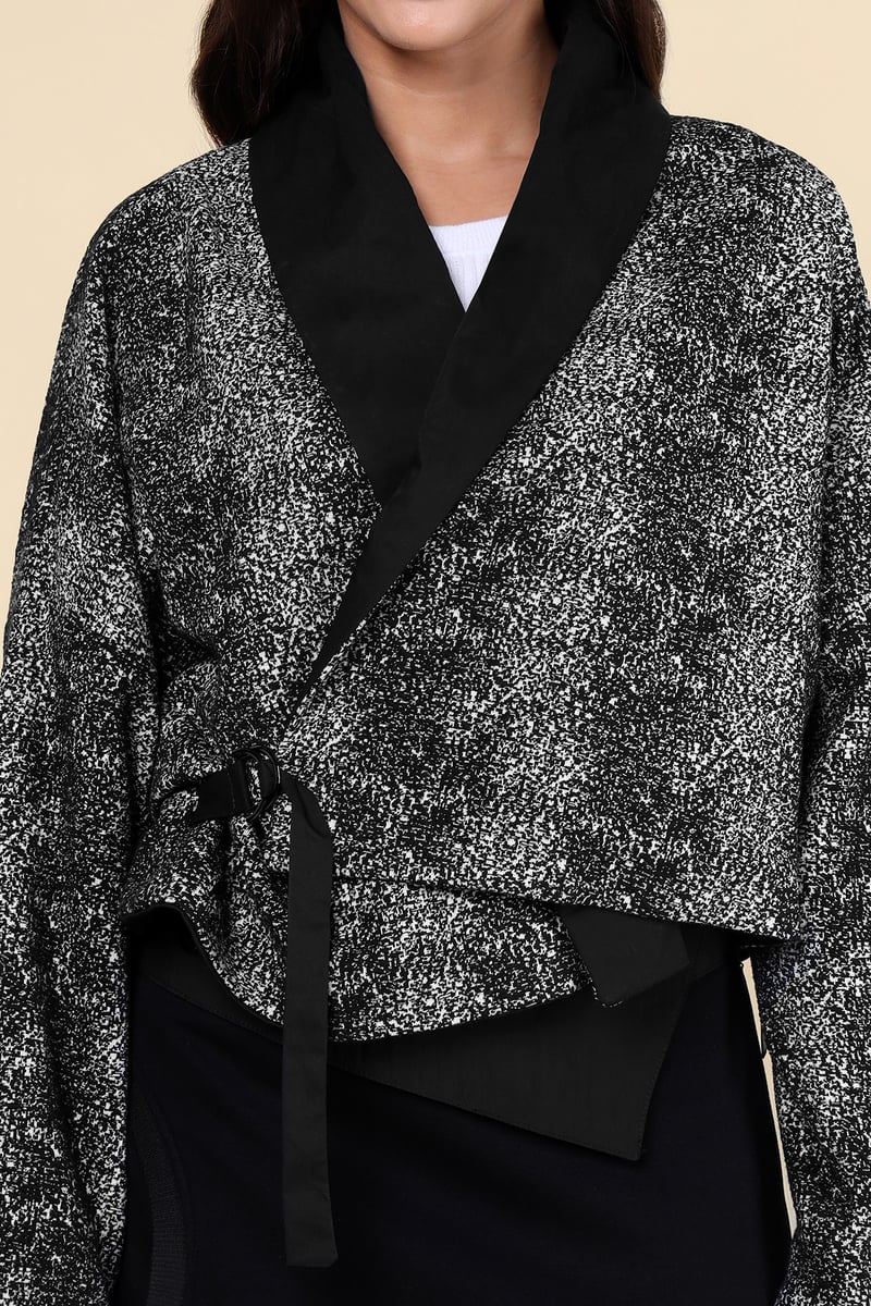Black/Grey Cropped Wrap Jacket with Lapel Collar