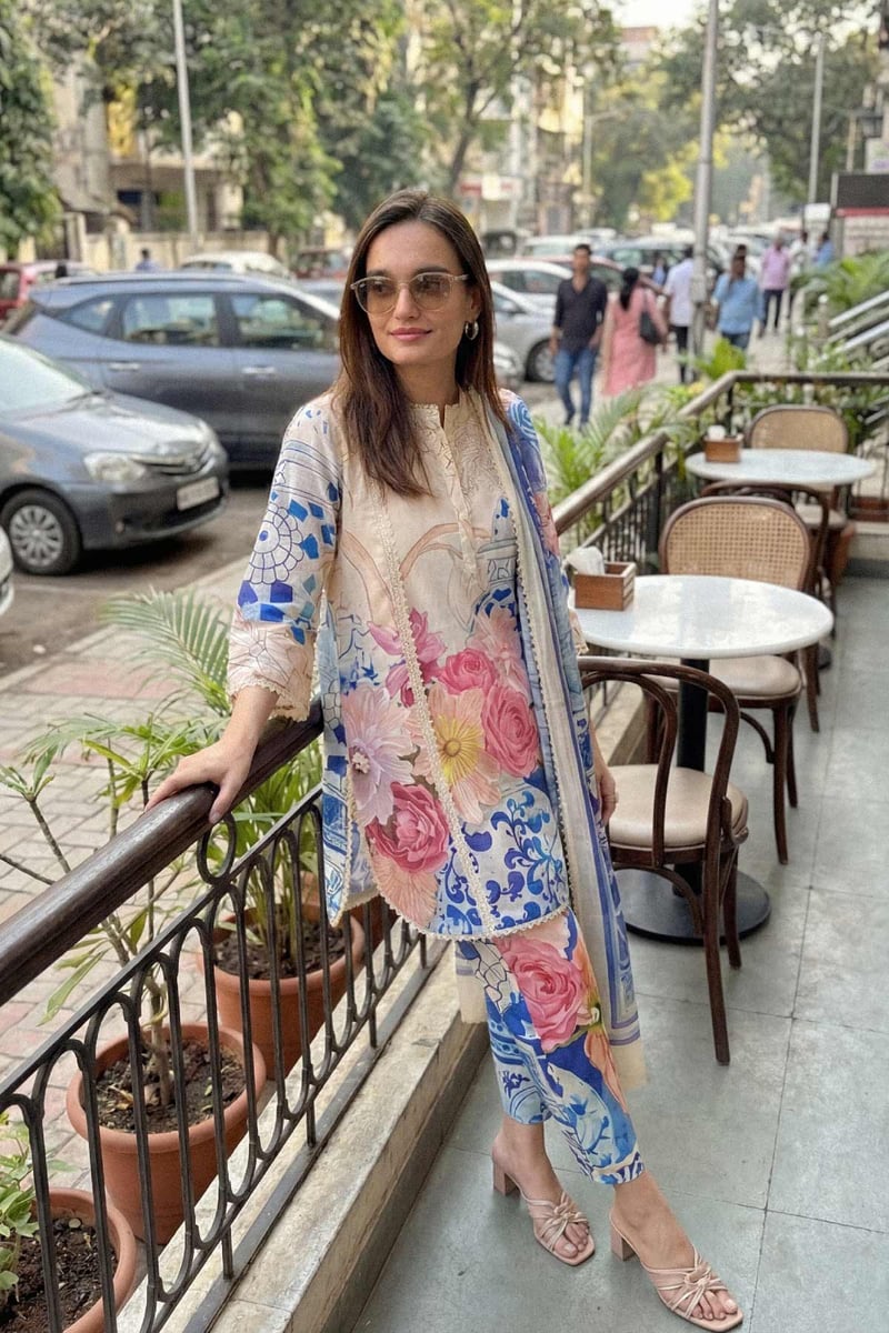 Beige/Blue Printed Cotton Lawn Suit Set