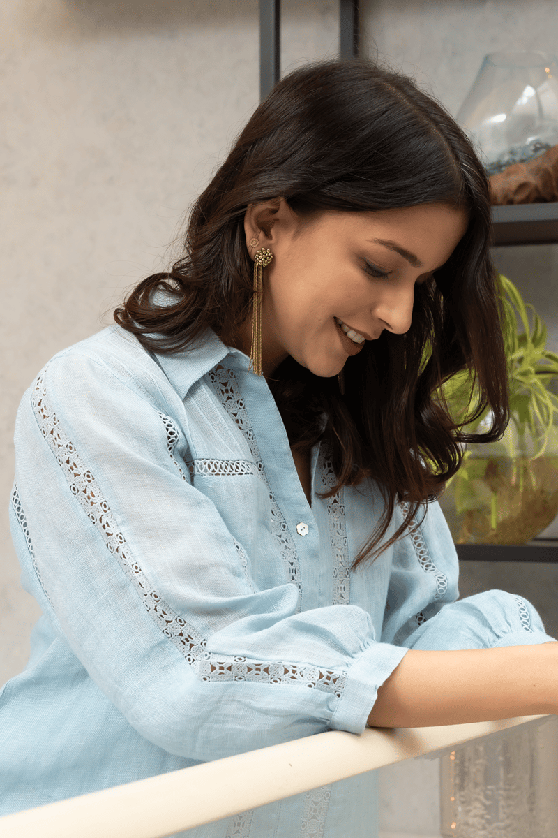 Powder Blue Linen Shirt with Lace and Cutwork Inserts