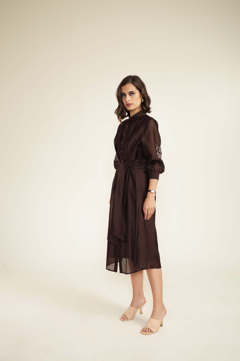 Grape Silk Chanderi Midi Shirt Dress With Hand Embroidery