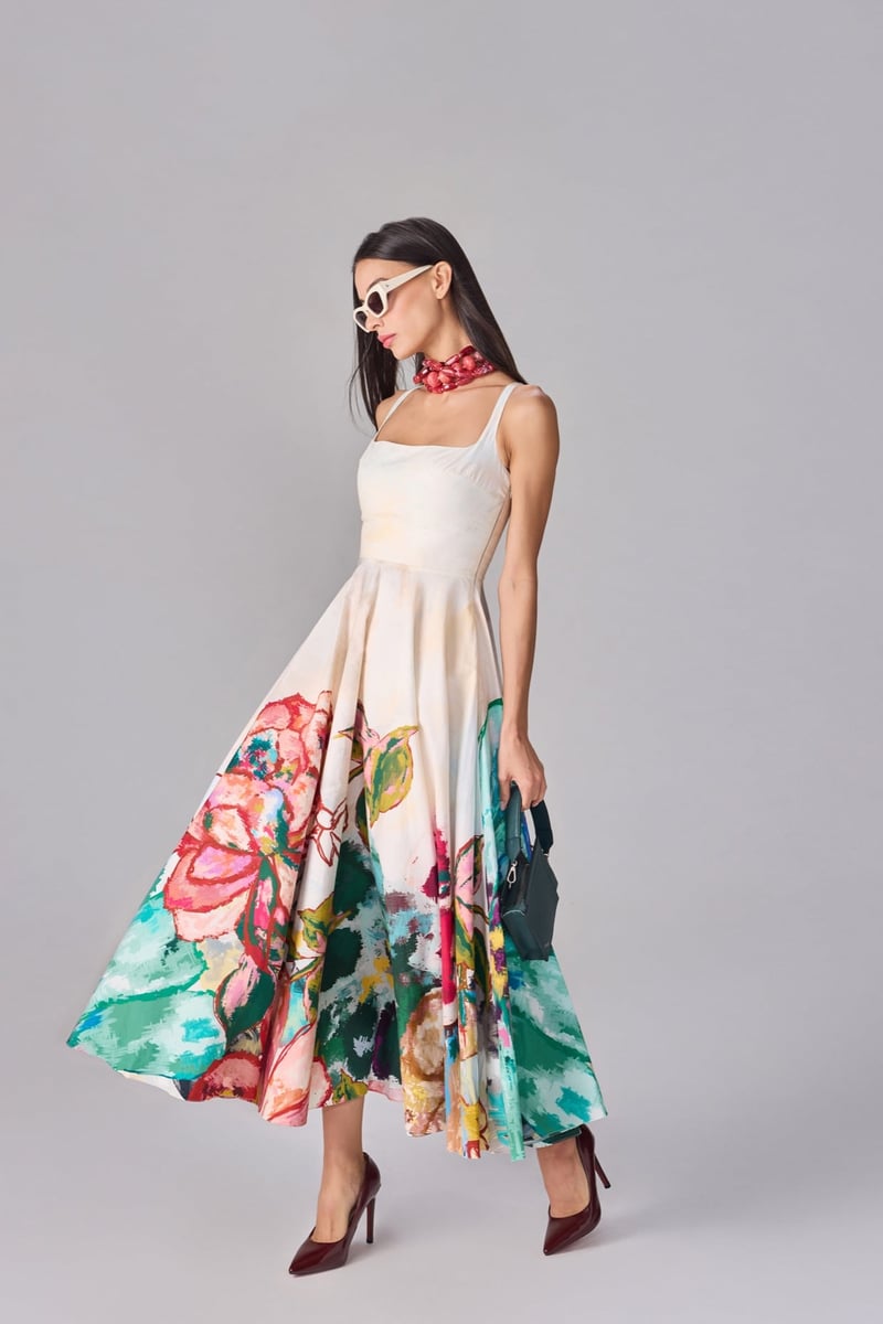 Ivory/Multi Square Neck Fit and Flare Midi Dress