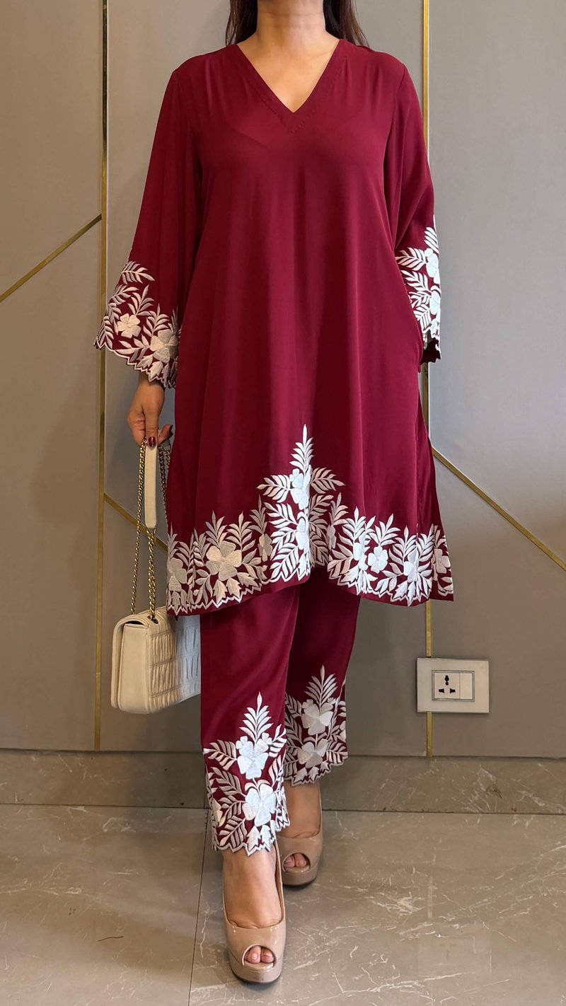 Red Royal Georgette Embroidered Kurta Pant Co-ord Set