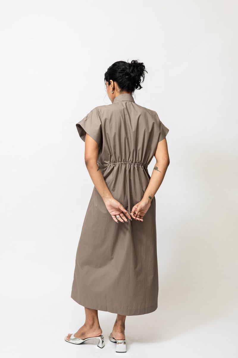 Beige Poplin Panelled Shirt Dress with Pleated Inserts