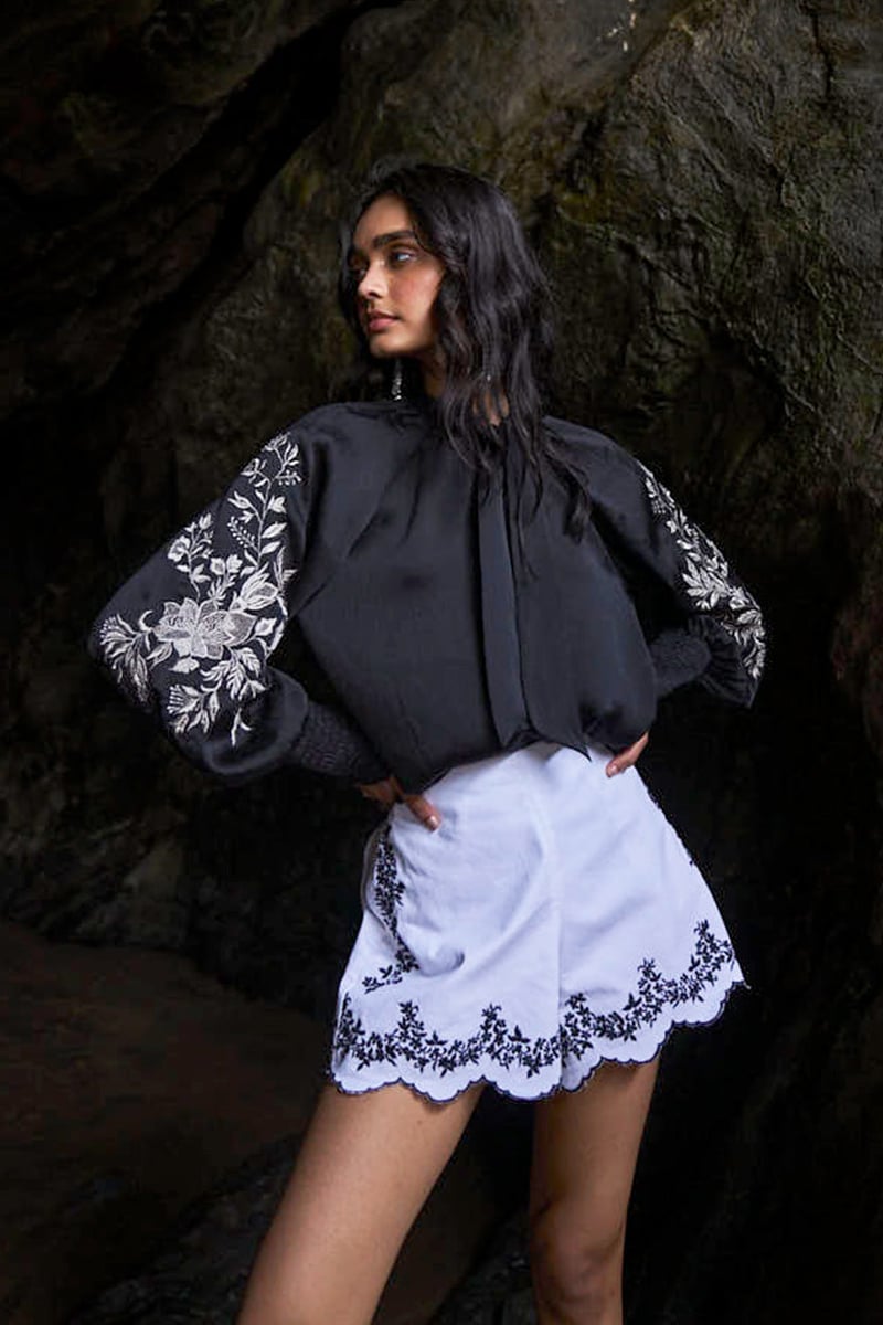 White Denim Shorts with Contrast Embroidered Scallop Hem — Dash and Dot