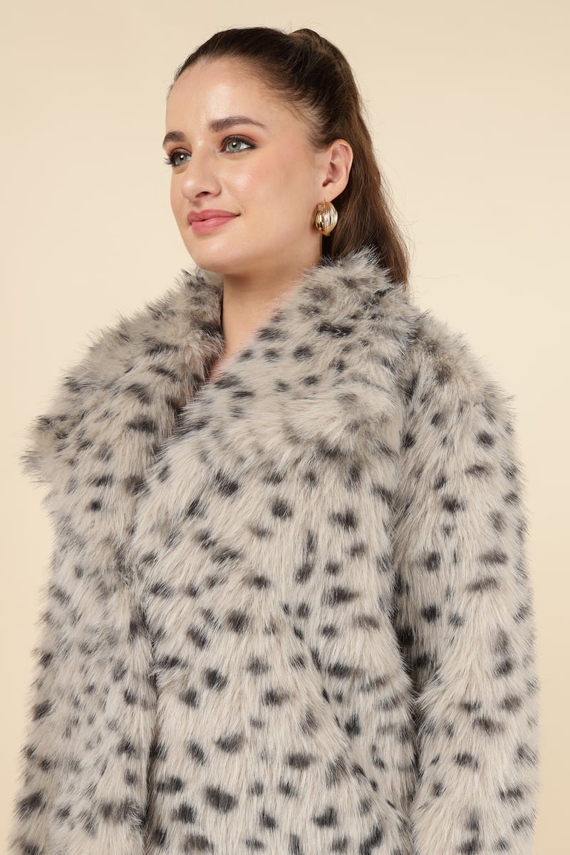 Beige Leopard Faux-Fur Cropped Jacket