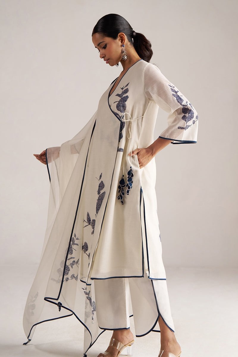 Ivory and Navy Printed Angrakha Chanderi Kurta Set