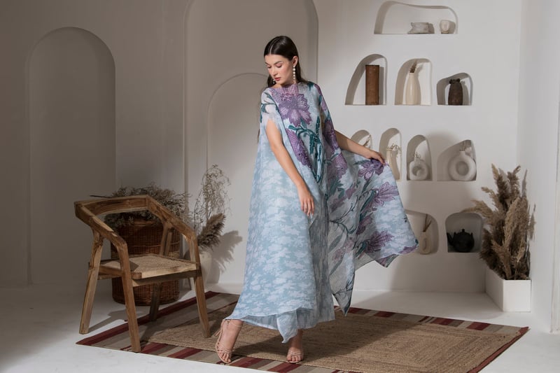 Blue Floral Kaftan and Wide-Leg Pant Co-ord Set