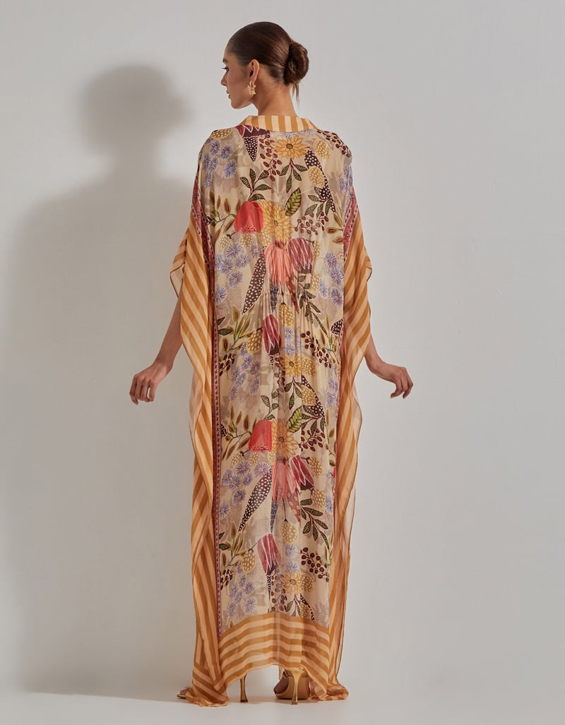 Beige Printed Georgette Maxi Kaftan with Embellished Waist