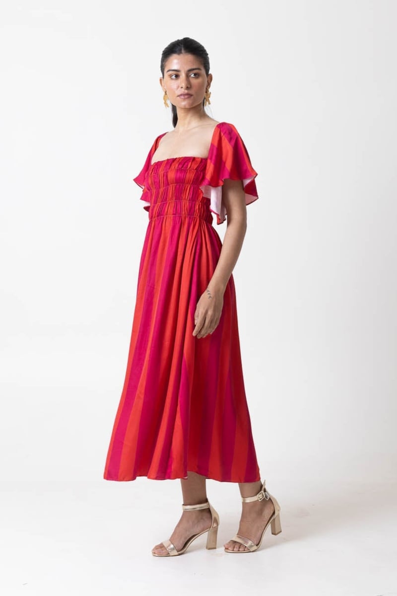 Pink Orange Striped Smocked Fit and Flare Midi Dress