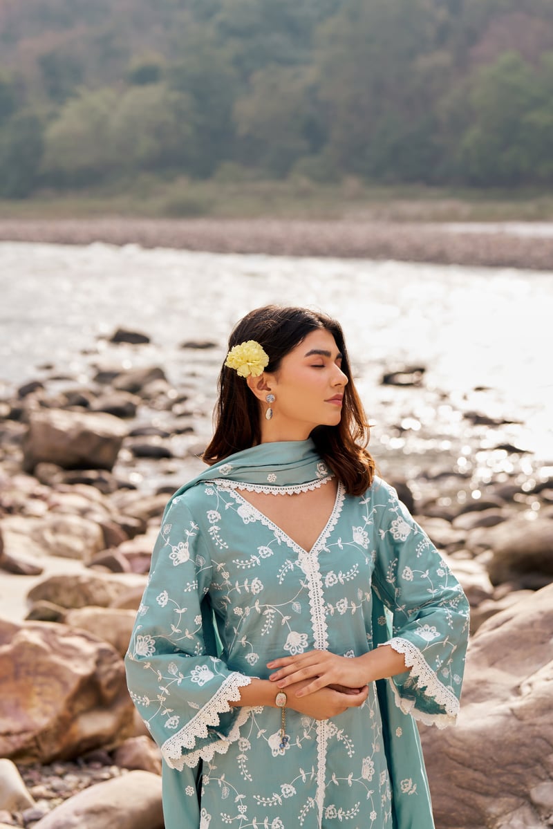 Blue Cotton Embroidered Kurta Set with Dupatta