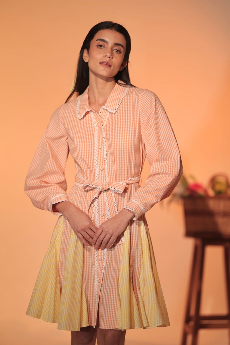 Pastel Checked Belted Shirt Dress with Lace Trim