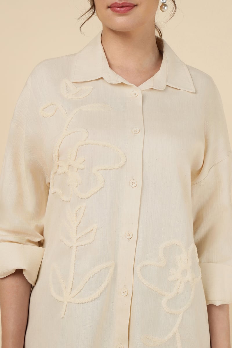 Natural Ivory Tonal Embroidered Button-Down Shirt