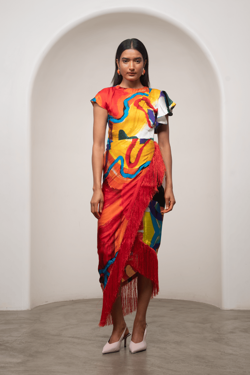 Multicolor Abstract Print Satin Fringe Midi Dress