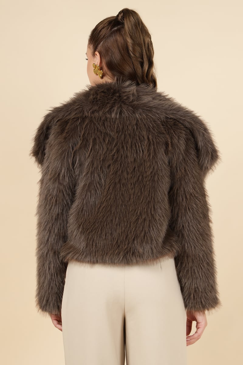 Brown Cropped Faux-Fur Jacket with Lapel Collar