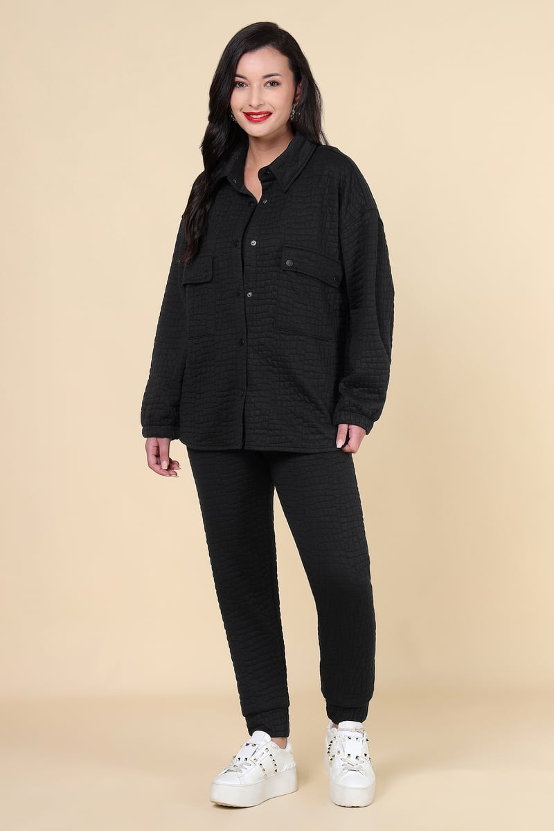 Black Quilted Shirt Jacket and Tapered Pants Co-ord Set