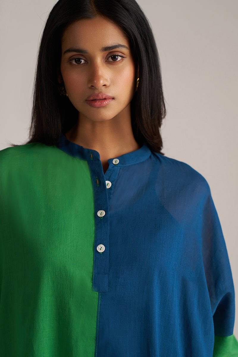 Blue and Green Colorblocked Kurta Co-ord Set with Slip