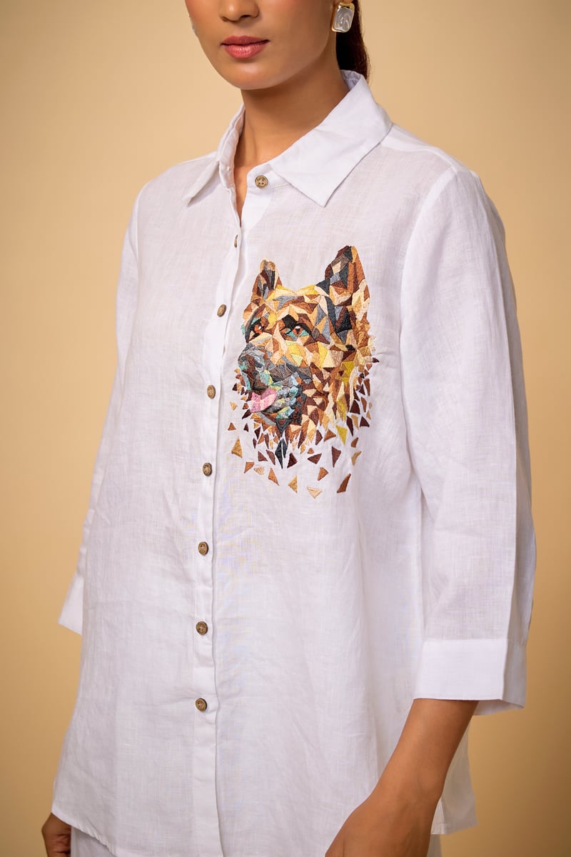 White Linen Relaxed-Fit Shirt with Chest Graphic
