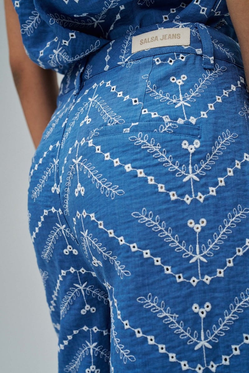 Blue Wide-Leg High-Rise Geometric Print Trousers