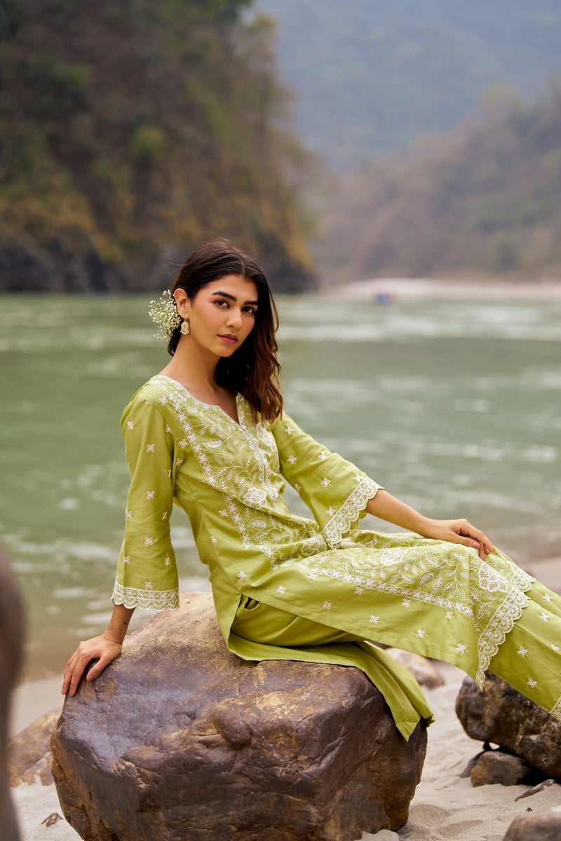 Green Cotton Embroidered Straight Kurta Set With Dupatta