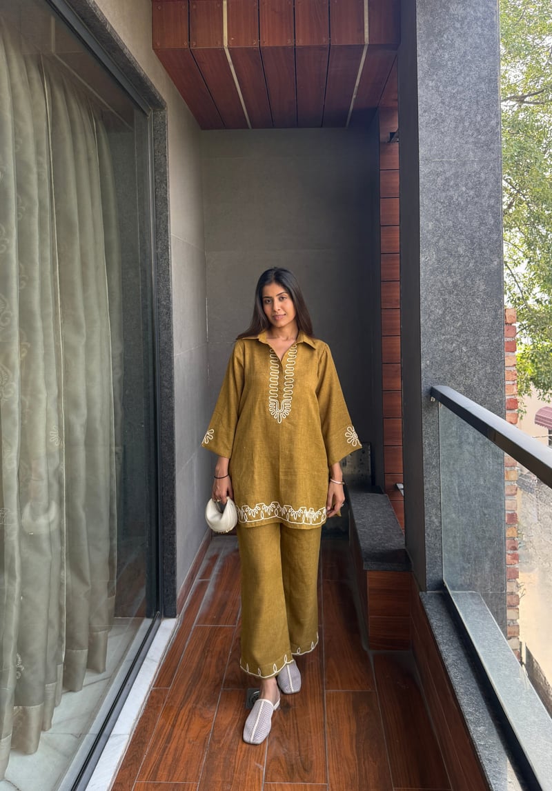 Golden Mustard Cotton Linen Co-ord Set with Dori Embroidery