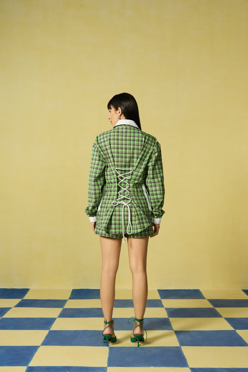 Green and White Plaid Shirt and Shorts Co-ord Set