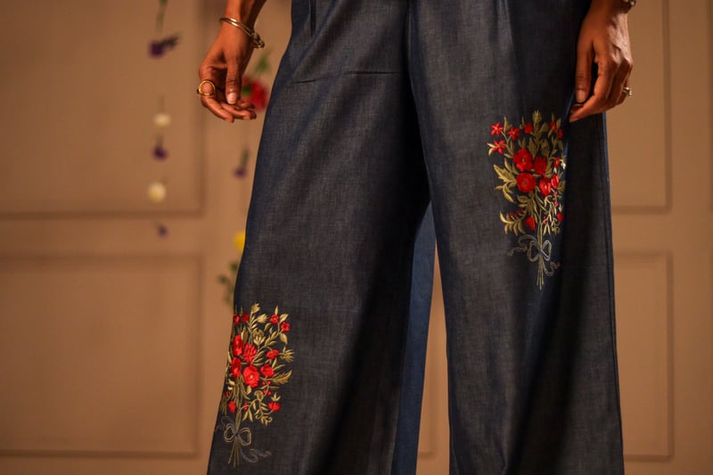 Navy Wide-Leg Denim Pants with Floral Embroidery