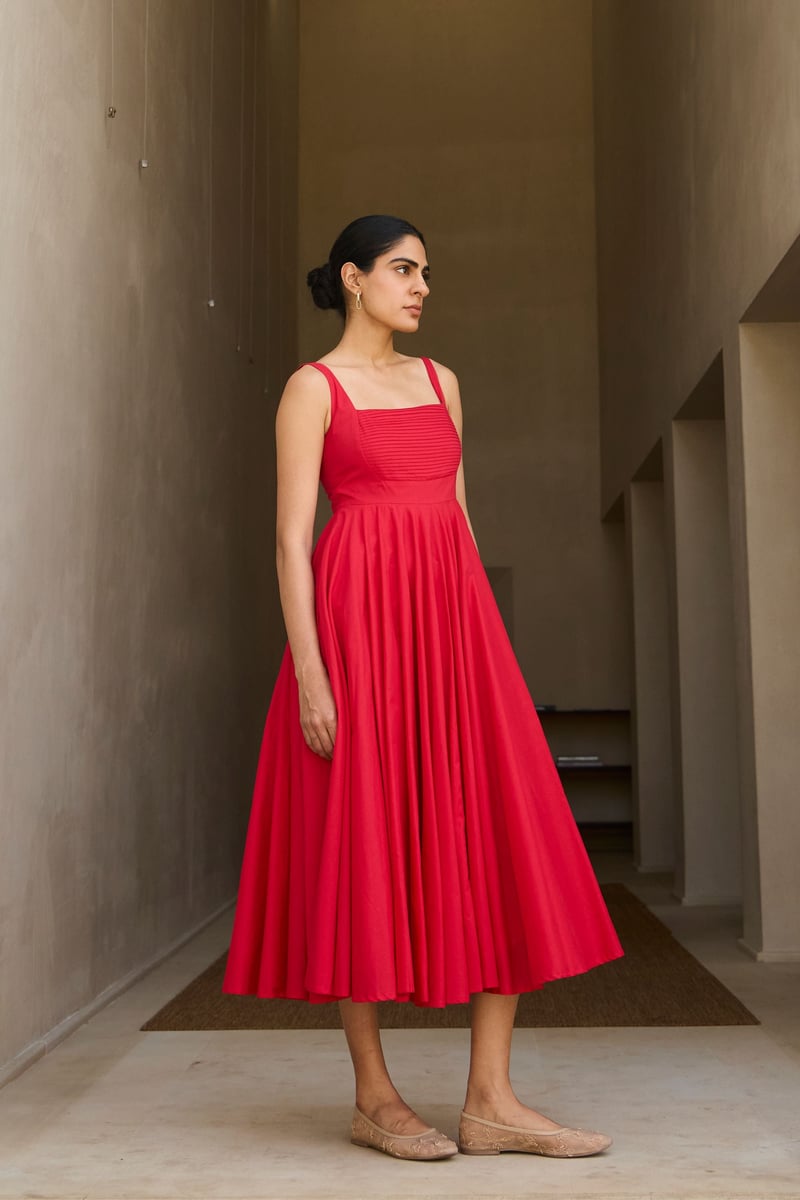 Red Cotton Cambric Fit and Flare Square Neck Midi Dress