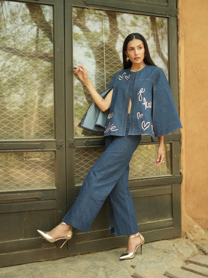 Blue Denim Embroidered Cape and Bell Bottom Co-ord Set