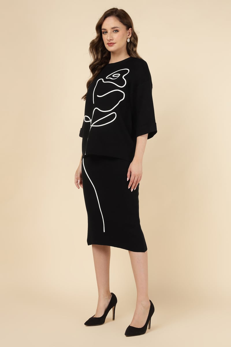 Black Graphic Knit Top and Midi Skirt Co-ord Set