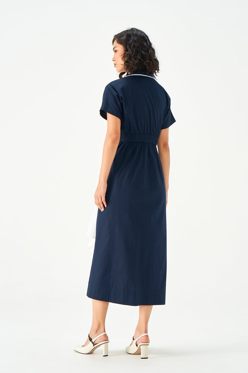Navy and White Cotton Shirtdress with Contrast Waist Tie