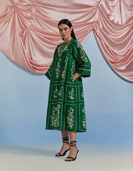 Forest Green Floral Printed A-Line Kurta