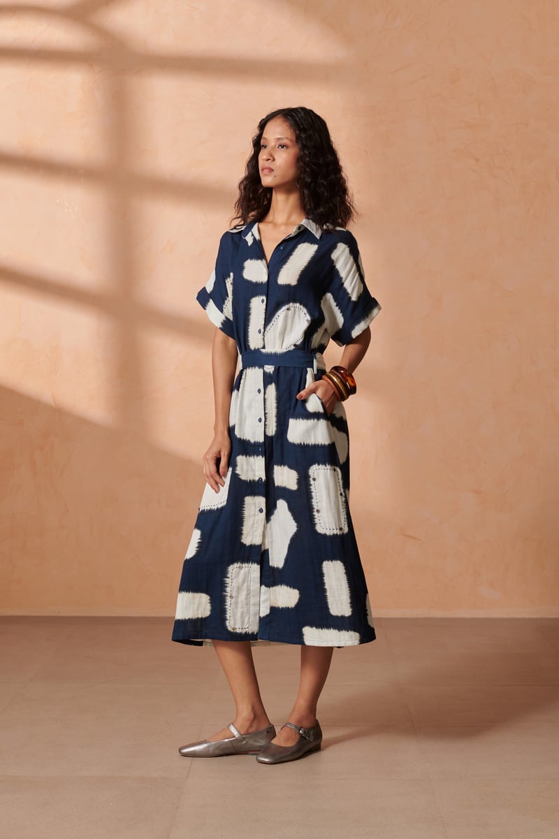 Blue Abstract Print Midi Shirt Dress with Tie Belt