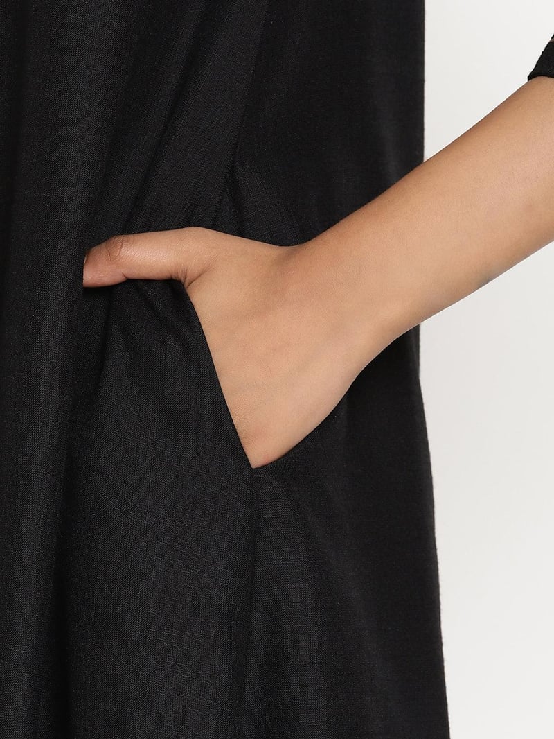 Black Cotton Linen Flared Kurta Pant Set