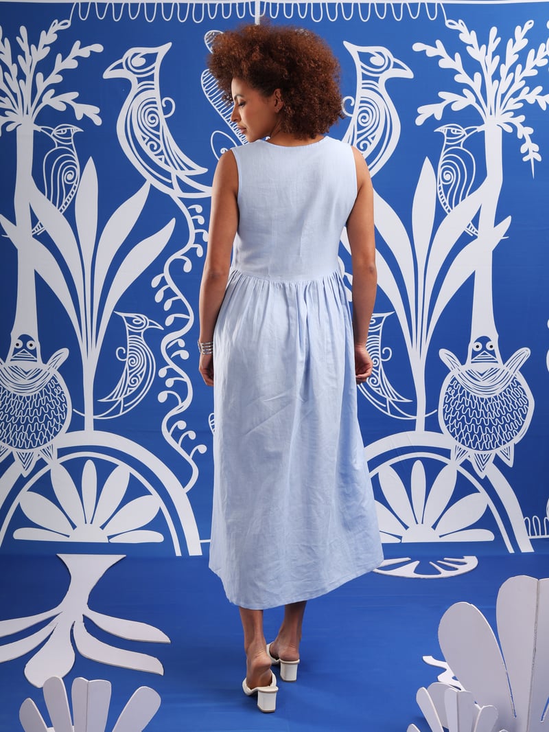 Ice Blue Square Neck Embroidered Fit and Flare Midi Dress