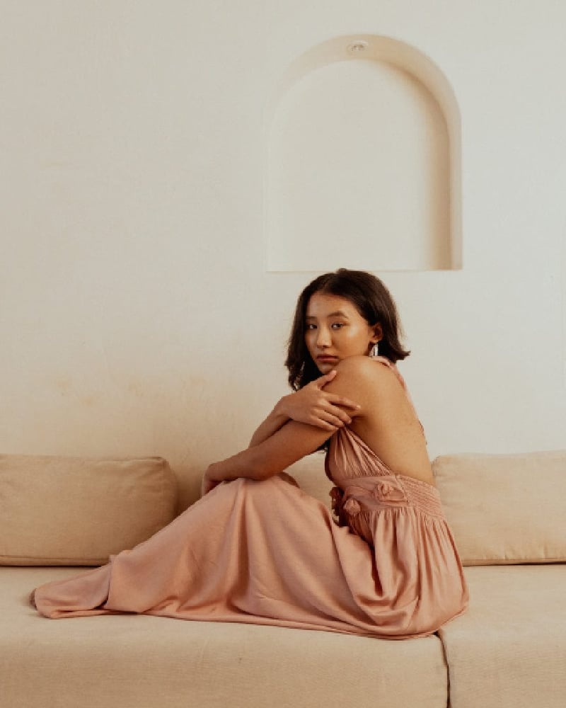 Dusty Pink Halter Neck Backless Rosette Maxi Dress