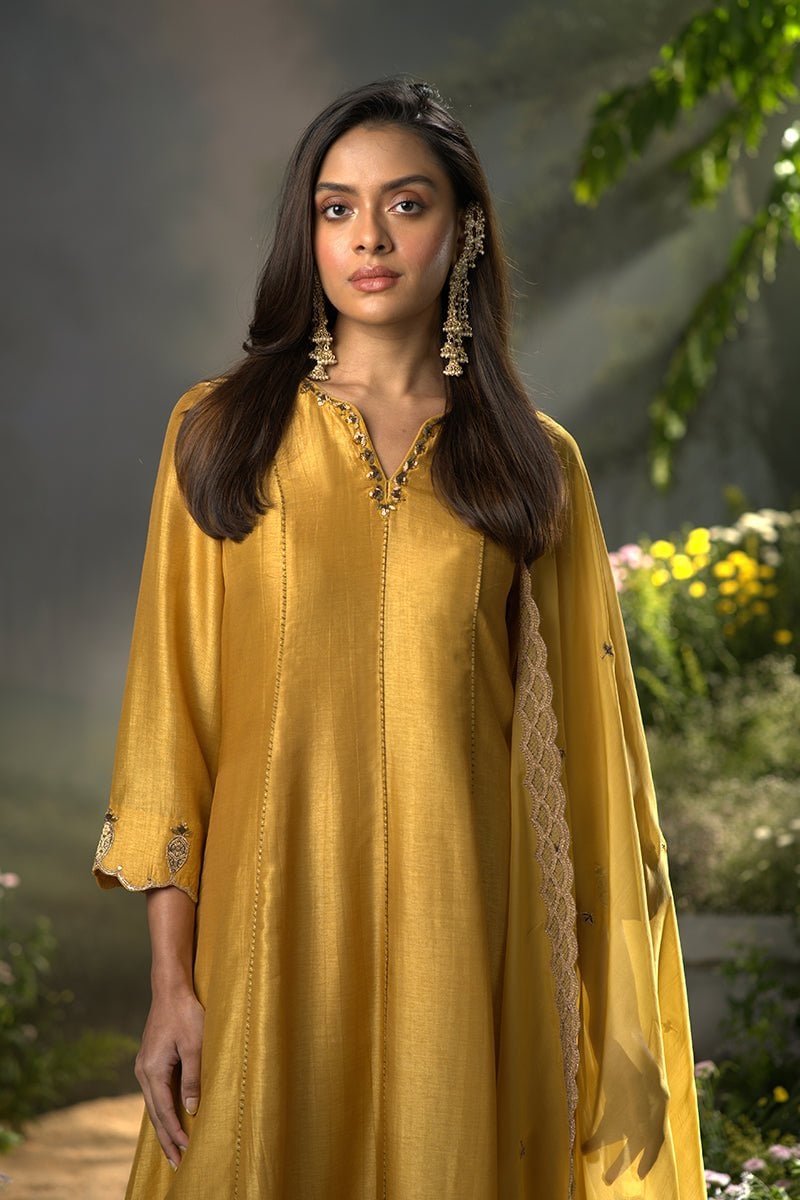 Honey Gold Raw Silk Anarkali Kurta Set with Dupatta