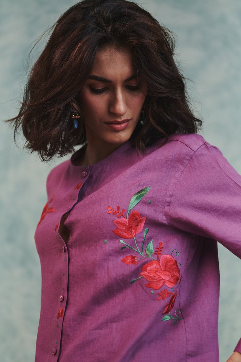 Berry Linen Embroidered Round Hem Shirt