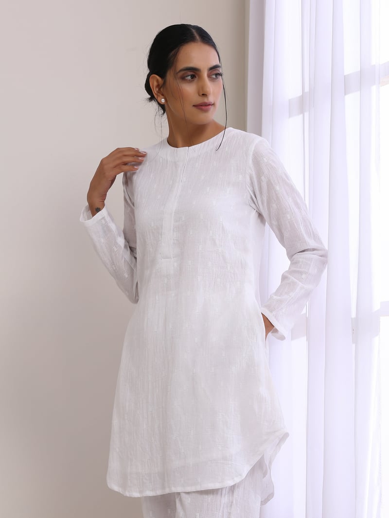 White Cotton Dobby Kurta and Pants Co-ord Set