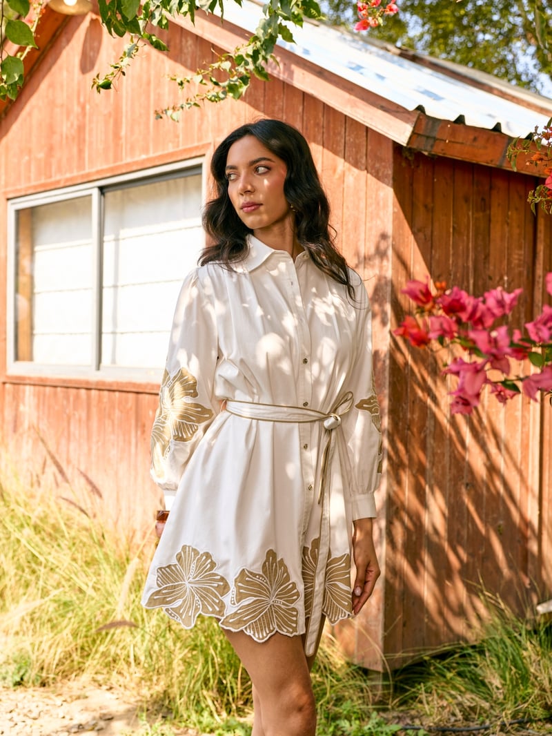 White Belted Floral Motif Mini Shirt Dress