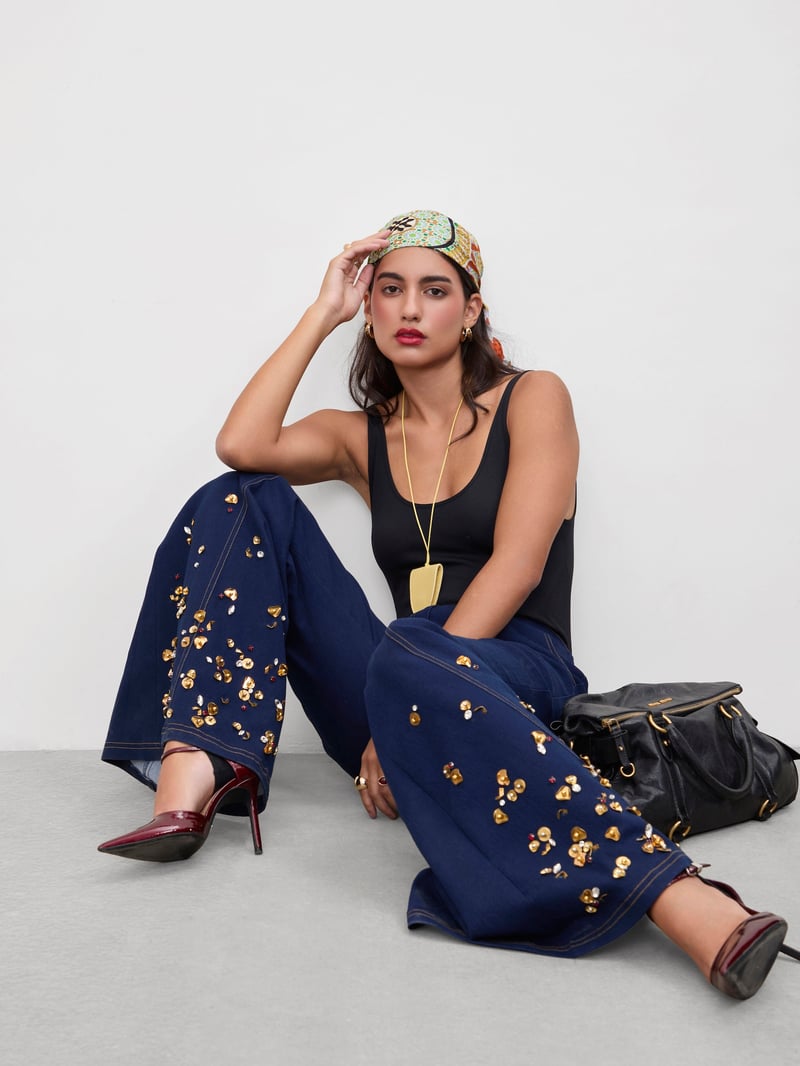 Dark Blue High-Waist Flared Jeans with Metallic Embroidery