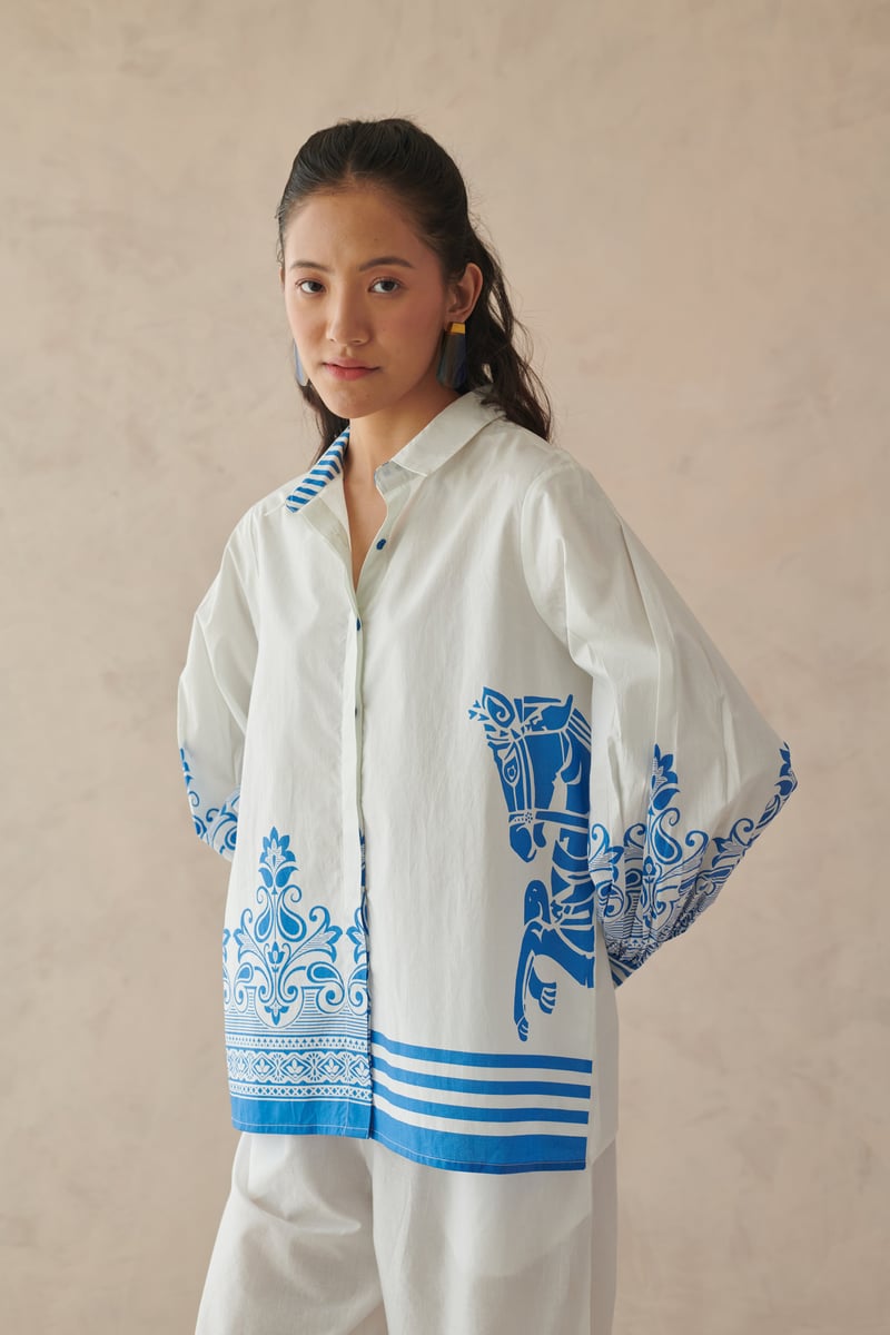 White Cotton Poplin Shirt with Blue Placement Border Print